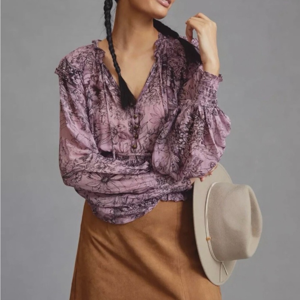 Anthropologie Woodland Print Boho Peasant Blouse Size Small